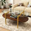 Oval Shaped Double - Layer Coffee Table, 41 Inches Long, Storage In Living Room, Transparent Glass And , Tapered Legs Contemporary Table For Structure With Storage, Brown Stability