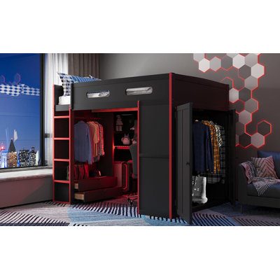Lit mezzanine en bois massif avec éclairage DEL, port USB, bureau et garde-robe double Larkspur