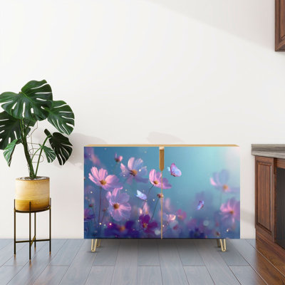 Buffet buffet avec rangement Papillons magiques en fleurs pastels doux avec 2 portes pour le salon et la cuisine