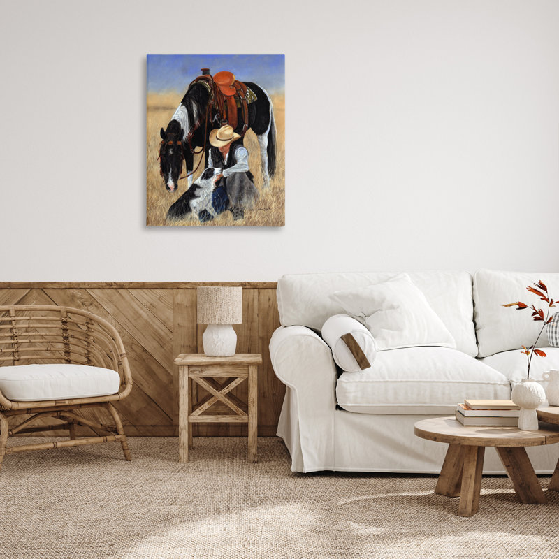 «Cowboy avec chien et cheval sur toile» par Victoria Schultz, H 40 po x l 30 po x P 1,5 po