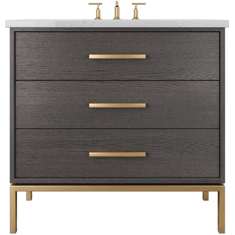 Rift White Oak Three-Drawer Single Bath Vanity, 30", Gray Weathered, Satin Gold