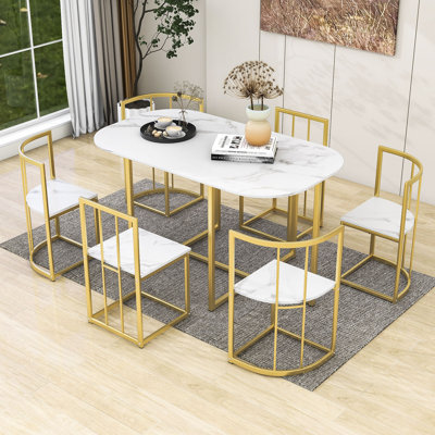 Ensemble de table de salle à manger moderne de 7 pièces avec table compacte en faux marbre 55 pouces pour 6 personnes TopMAX
