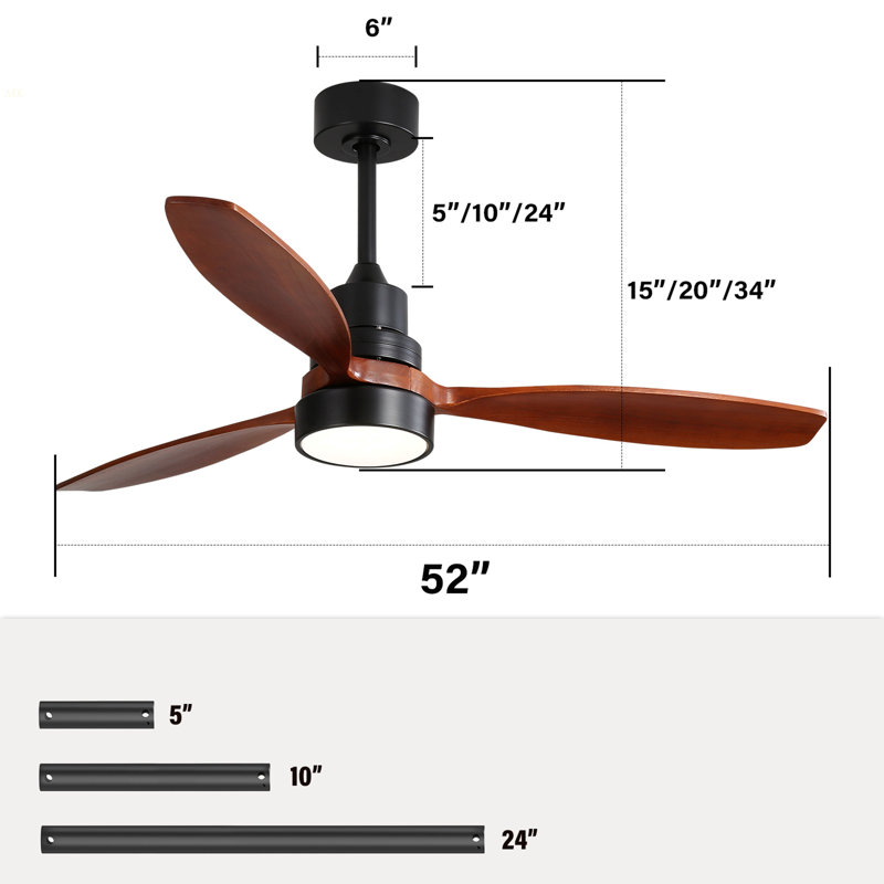 Low Profile 52 Inch Integrated LED Ceiling Fan With Light Kit And Remote Control For Living Room, Black, Walnut