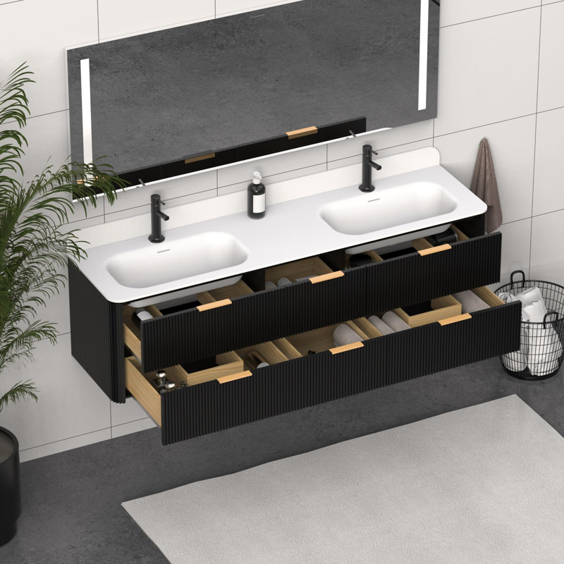 Meuble-lavabo mural avec lavabo et tiroirs, Noir, 72