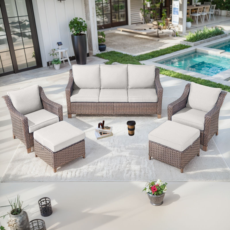 Jenesys Outdoor Wicker Sofa Set With Club Chairs & Ottomans - Comfortable, Durable For Patios & Gardens, Beige