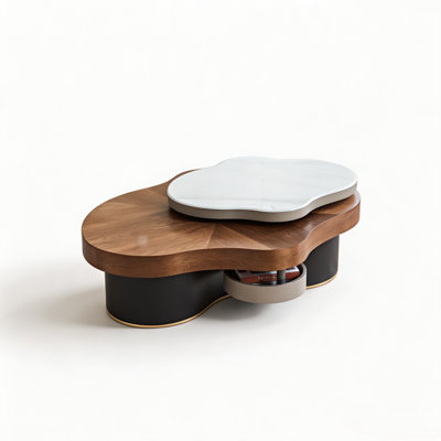 47.24" Walnut Veneer Coffee Table with 360° Rotating Microcrystalline Stone Top & 2 Swivel Storage Drawers