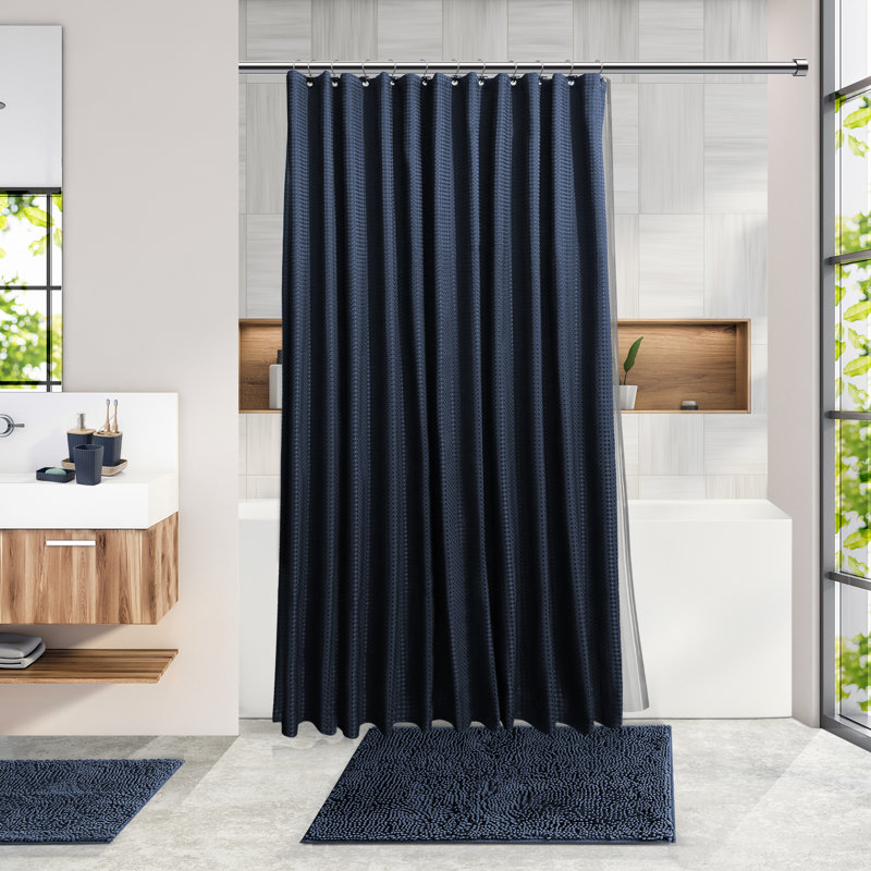 Complete 22 Piece Bathroom Accessory Set with Bath Rugs, Shower Curtain Set, Liner, and Hooks, Navy Blue