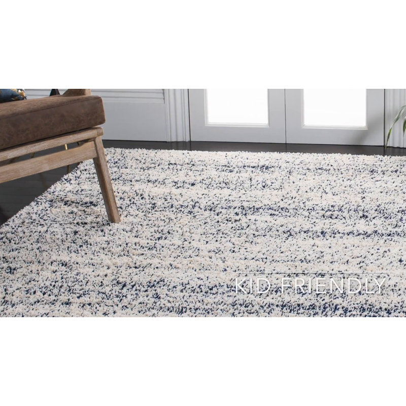 Ivory and Navy Square Shag Area Rug, 7' x 7'