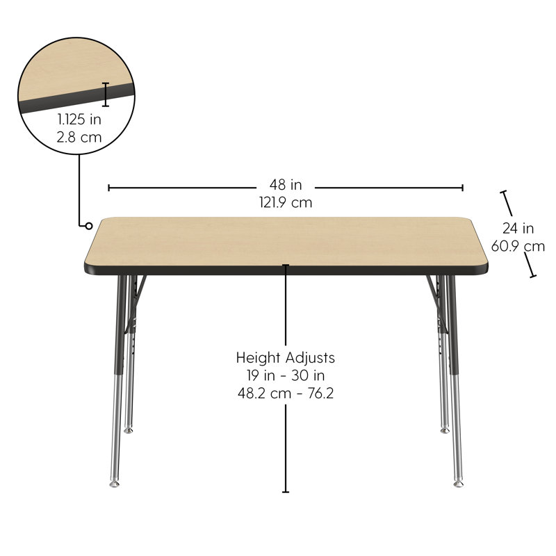 Table rectangulaire d'activité rectangulaire avec pieds réglables, Roulement pivotant standard, 24 po x 48 po, Black