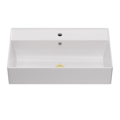 21" L x 12" W Ceramic Wall Mount Bathroom Sink, Rectangular Vessel Sink with Gold Towel Rail and Gold Faucet