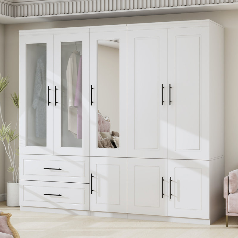 Armoire 5 portes avec tiroirs et miroir, blanc