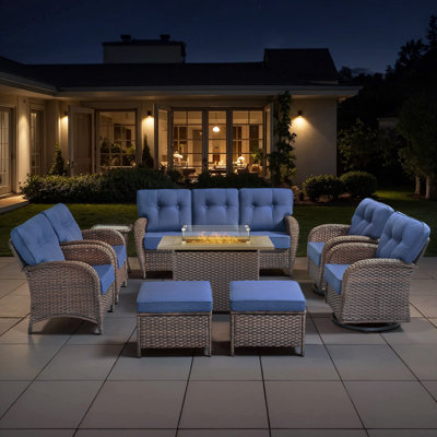 Agnes 7-9 Person Outdoor Wicker T-Back Cushions Conversation Set With Fire Pit Table