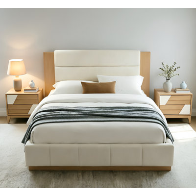 3-Piece Queen Bedroom Set,1 Boucle Upholstered Platform Bed Frame with Tall Extended Wood Headboard and 2 Japandi Style Bedside Tables 