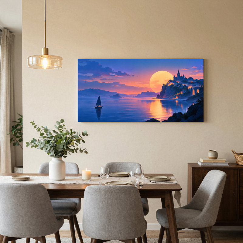 Tableau sur toile représentant un voilier et un château à flanc de falaise sous une lune jaune, 32“W x 16”H