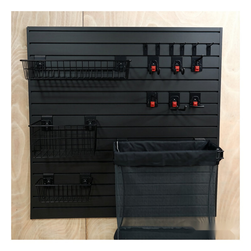 Ensemble de 8 panneaux muraux à lattes en PVC de 122 x 122 cm avec crochets de sécurité, système de rangement mural noir pour garage, comprenant des bordures et de la quincaillerie de montage.