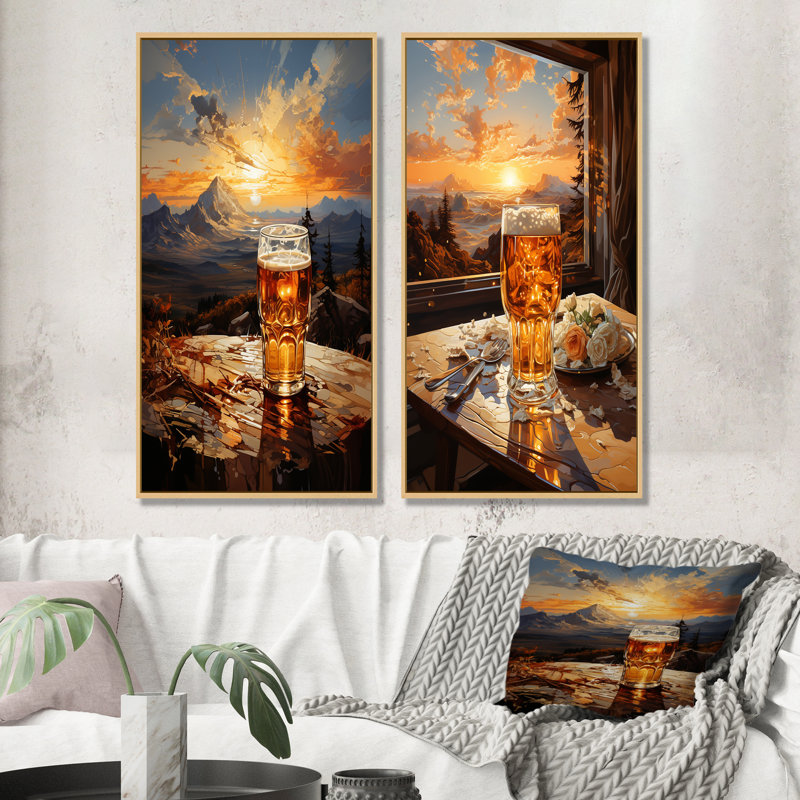 Ensemble de 2 bières Brewed Sunset Beer In Glass, H 32 po x l 33 po, Encadrement brun