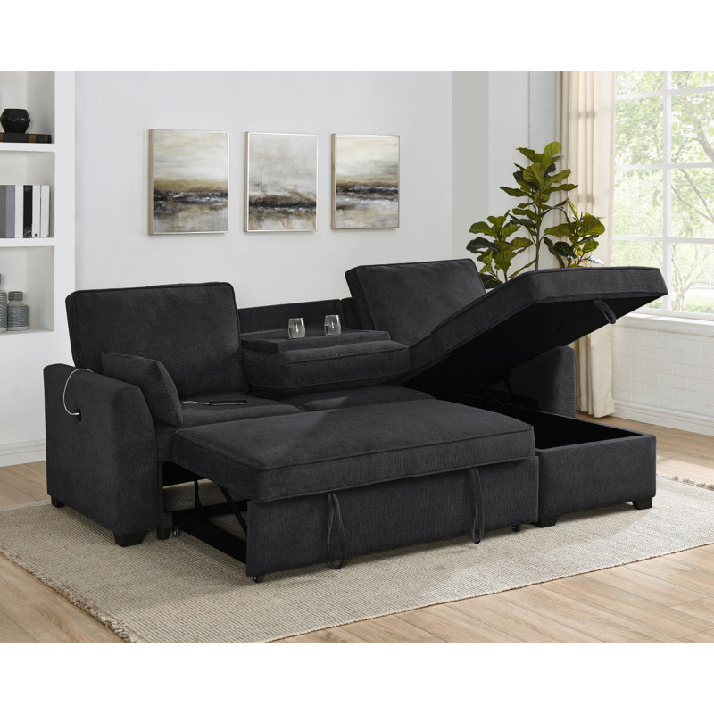Canapé-lit modulaire moderne en tissu noir l 92 po avec méridienne réversible, ports de charge USB et porte-gobelets Modern