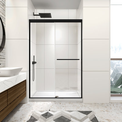 44-48" W x 70" H Framed Shower Door Double Sliding Door with 1/4" (6mm) Clear Tempered Glass, 2 Towel Bars for Walk-in Bathroom, Matte Black Finish Shower Doors, Reversible Installation
