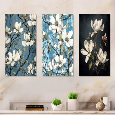 «White Blooimg Magnolias Trees», ensemble de 3 impressions murales en métal Magnolias