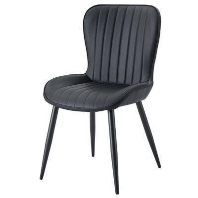 Modern Dining Chairs Set Of 4, Channel Tufted Upholstered Black Faux Leather Kitchen Chairs With Wingback Curved Back, Black Metal Legs