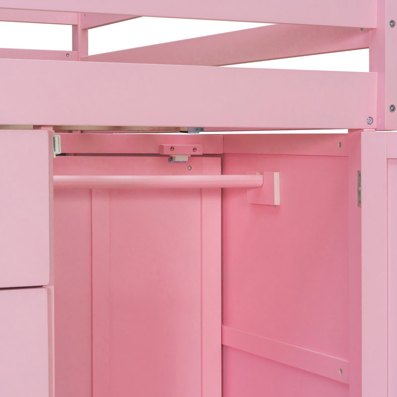 Lit superposé double rose avec 5 petits tiroirs, 2 grandes et mini garde-robes - Barrières de sécurité confortables pour les ados