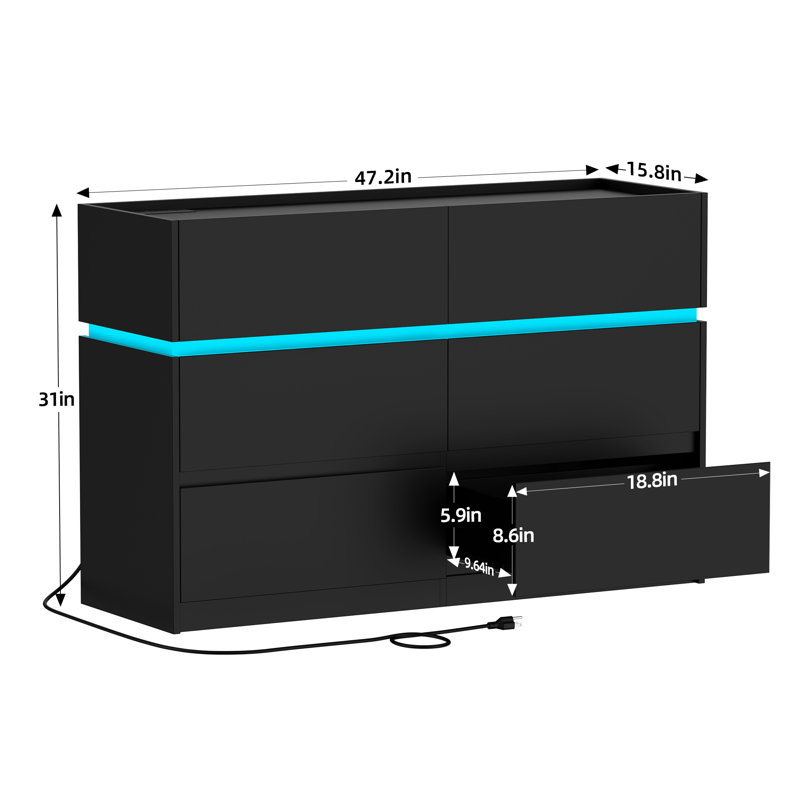 6 Drawer Dresser With Charging Station & LED Light, 47.2" W, Black