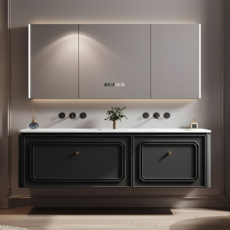 Armoire de salle de bain à double vasque tendance, 19.69" H x 59.06" W x 21.65" D, Black