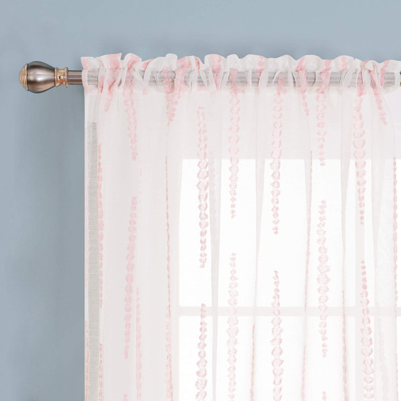 Jacquard Striped Design Rod Pocket Sheer Curtains (Set of 2), 52" W x 36" L, Pink