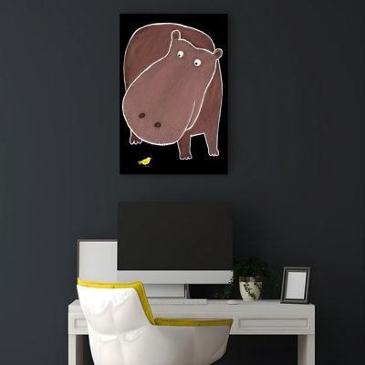Curious Hippo And Bird Contemporary Bird Nature Wildlife Wall Art Print 1 Piece Wrapped Canvas Wall Art