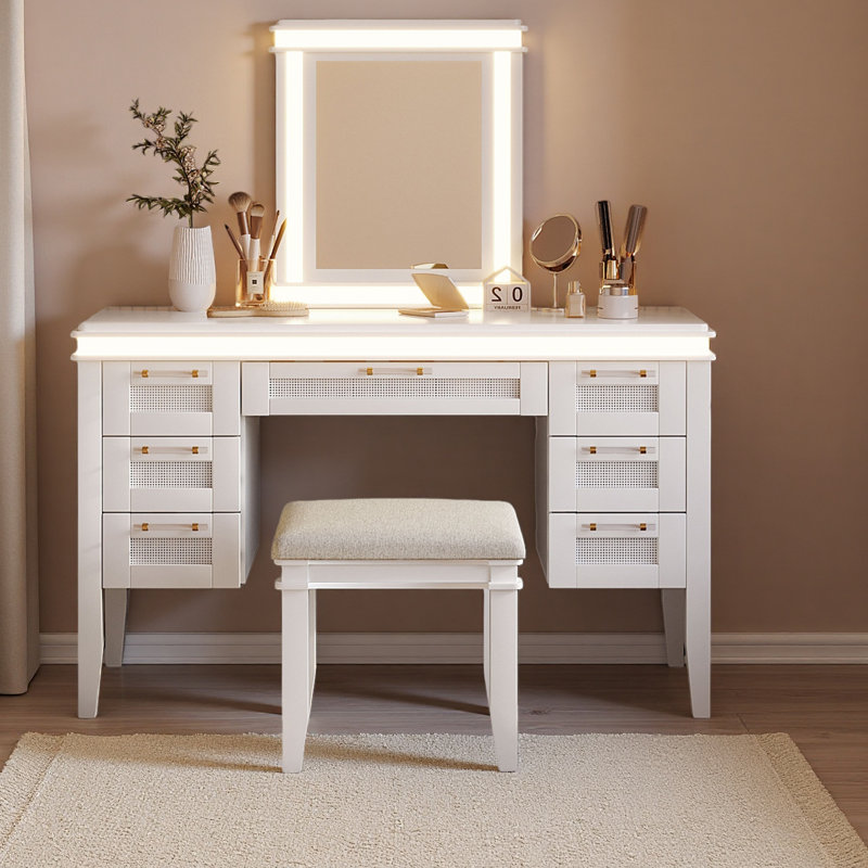 48" Vanity Desk With Mirror And Lights, Makeup Vanity With 7 Drawers And Cushioned Stool, Classic Finish Dressing Table With Hollow Design Drawer For Bedroom, Rubber Wood Legs