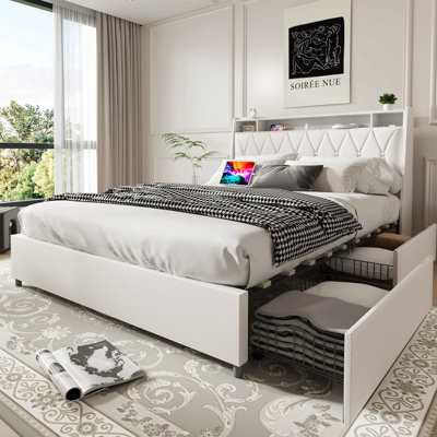 Cadre de lit double avec tête de lit ergonomique, cadre de lit plateforme double avec prises et chargeur, cadre de lit double avec tablette de rangement, cadre de lit double