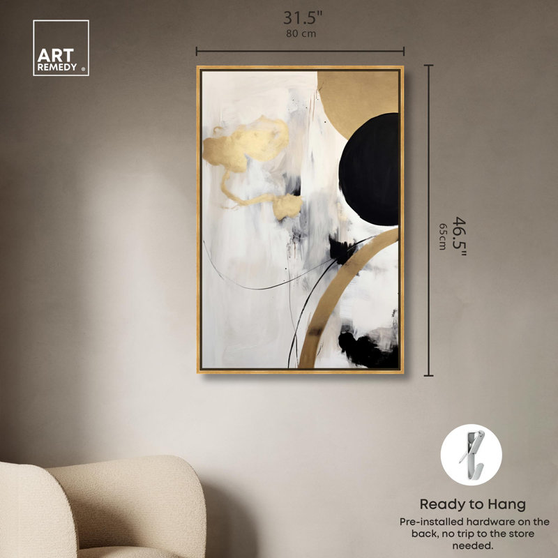 «In Orbit Canvas», art élégant blanc et or par Art Remedy, Cadre doré, H 46 po x l 31 po