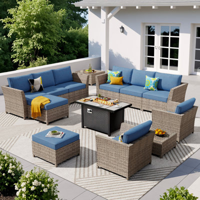 10 - Person Mostly No Assembly Required Patio Furniture Set With Chair, Outdoor Wicker Rattan Sectional Seating Group With Cushions, All Weather Sofa Conversation Set With Fire Pit Table For Garden Backyard