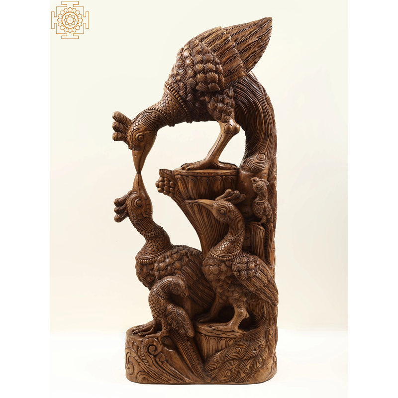 Statue paon en bois avec bébé Cristyl