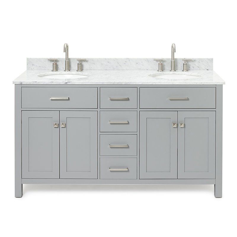 Meuble-lavabo double 60 po avec plateau en marbre blanc de Carrare Aberdeenshire, gris