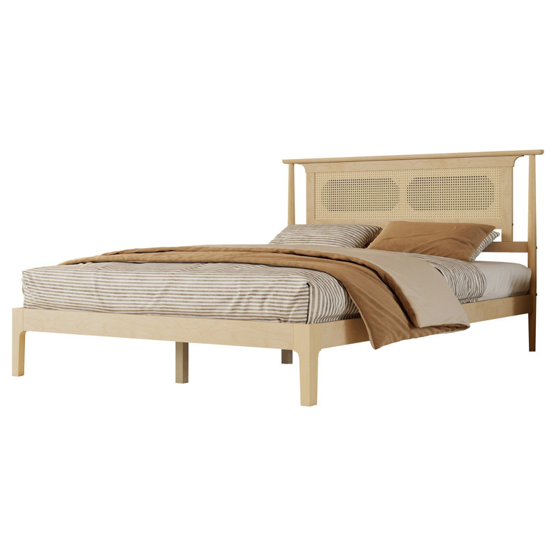 Tête de lit en rotin massif de pin naturel, format Queen, avec pieds de soutien, Grand lit, Naturel