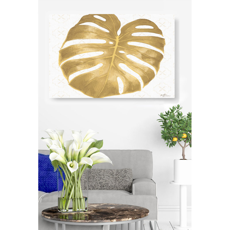 Feuille d'or sur fond blanc, botanique, H 26 po x l 50 po x P 1,5 po