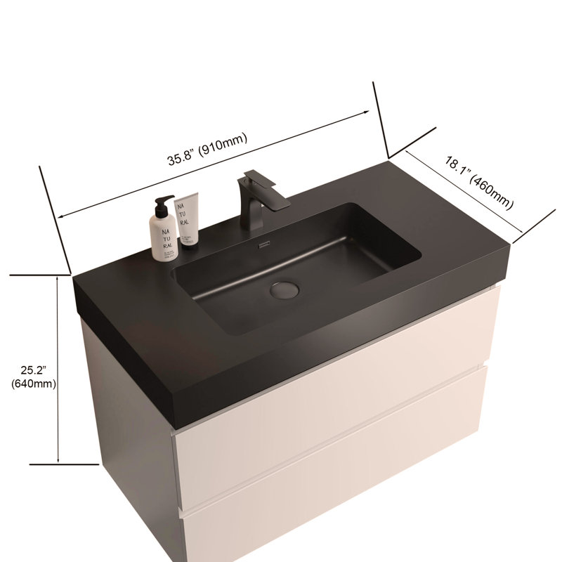 Meuble-lavabo mural 36 po pour salle de bain avec lavabo 36 po, Blanc/Noir