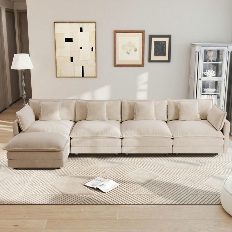 Clitheroe 5-Seaters 146.6" Modular L-Shaped Chenille Upholstered Sectional Sofa, with Movable Ottoman, Beige Chenille 