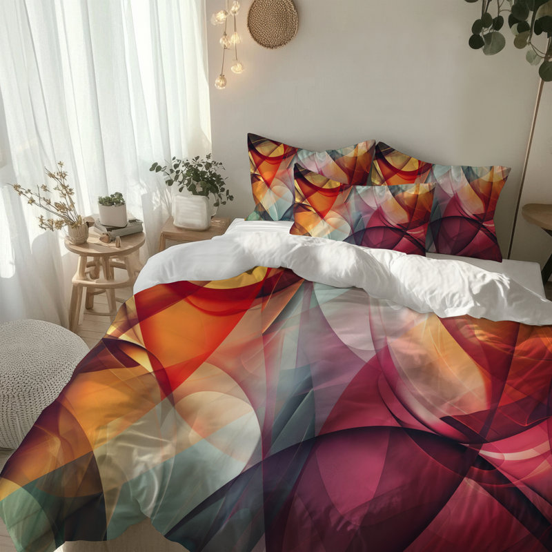 Microfiber Comforter Set, King Comforter + 2 King Shams, Red/Orange Abstract