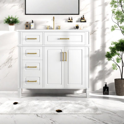 Modern 36-inch Vanity And Sink, White, Pinewood And Mdf Construction With Gold Handles