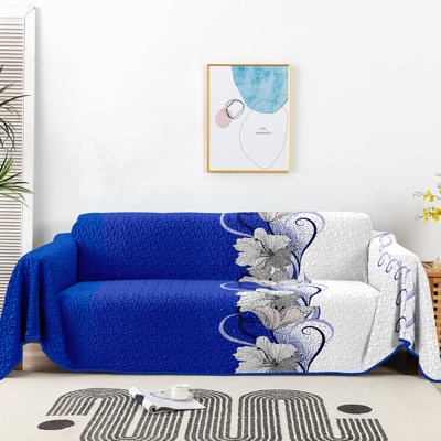 2-seater Reversible Quilted Sofa Bed Cover (1-4 Seater) - Microfiber Sofa Protector & Lightweight Comforter (blue/gray swirl florals)