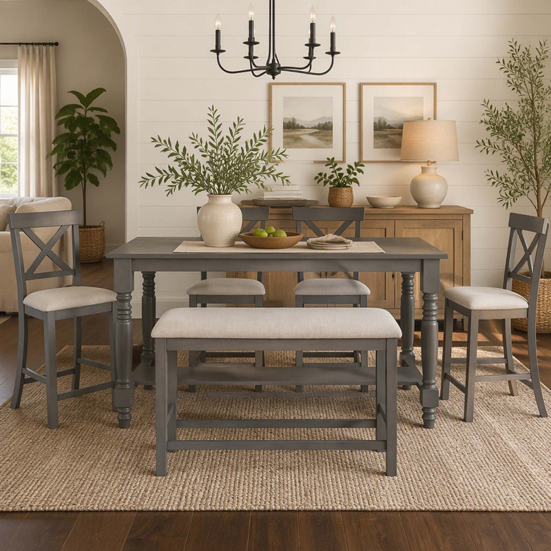 Solid Wood Top Dining Set, Gray, Gray