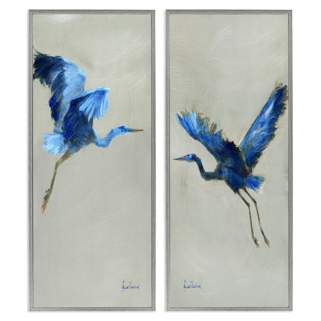 Flying Cranes Abstract Birds Expressive Blue Animal Flight 2 - Piece Graphic Art Set Stupell Industries Frame 