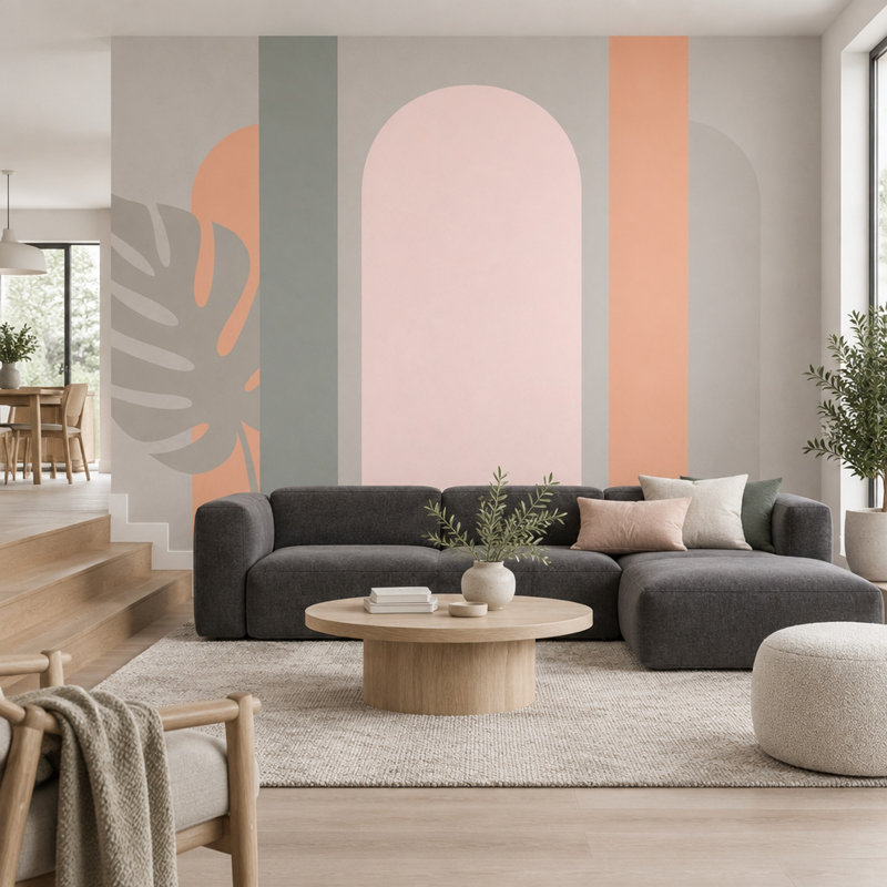 Papier peint minimaliste à motifs géométriques pastel et arches, motif Monstera., 140"x108", Textured Non-Pasted