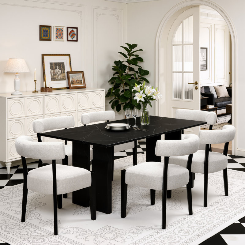 Chaises de salle à manger rembourrées Cindina, 6 pièces, Lin crème / noir