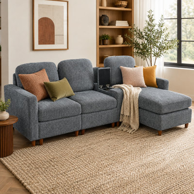 Champlost 82" L-Shaped Sectional Sofa with Reversible Chaise & Center Storage Console, Chenille Upholstered 3-Seater Couch with Rubber Wood Legs for Living Room