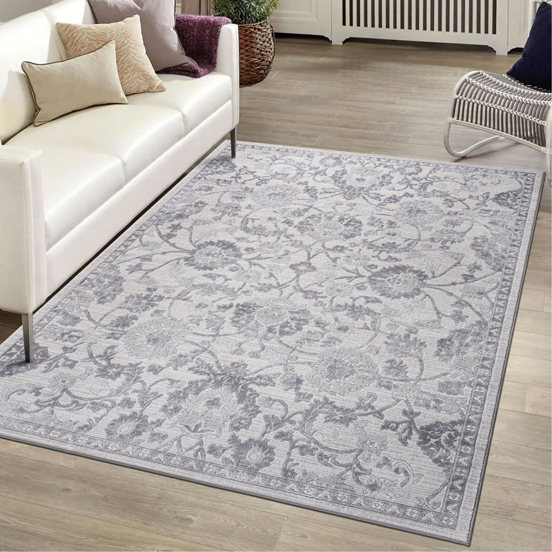 Tapis 5 x 7 gris / argent / oriental non délesté pour la chambre à coucher, la salle à manger, le bureau à domicile et le tapis résistant aux taches