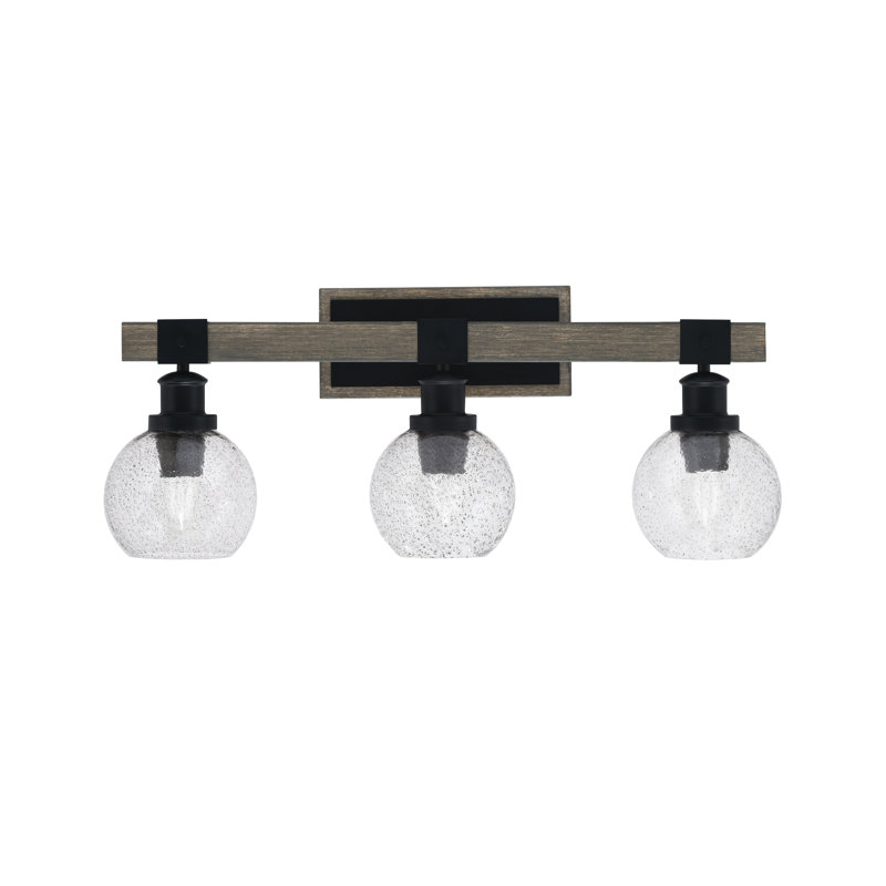 Barre d'éclairage de salle de bain 3 lumières Bitner, noir mat et finition en métal d'aspect bois patiné peint avec verre de 5,75 po