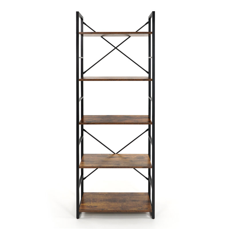 Bibliothèque à 5 niveaux, tablette autoportante de 24 pouces de largeur, organisateur de rangement de bibliothèque, étagères à livres industrielles pour bureau personnel, salon, cuisine, chêne rustique